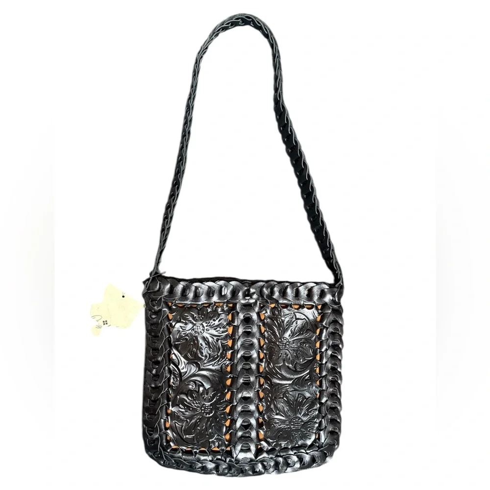 Patricia Nash Vaticci Tooled Leather Crossbody Bag Black Woven Chain Strap
